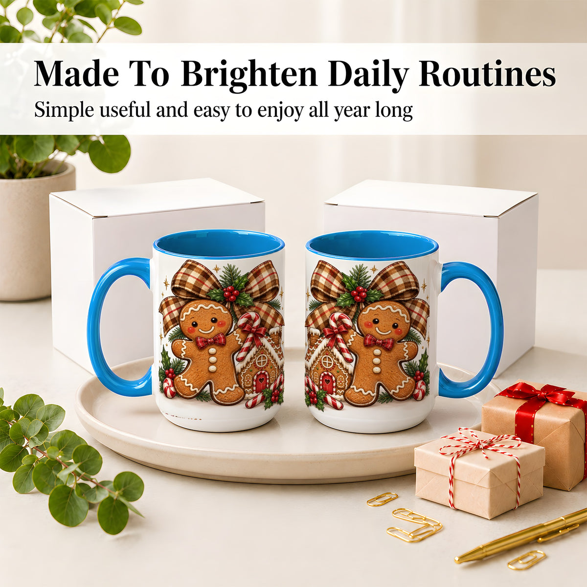 #pl[15oz|Blue] Gingerbread Christmas Ceramic Mug, Cookie House Holiday Artwork