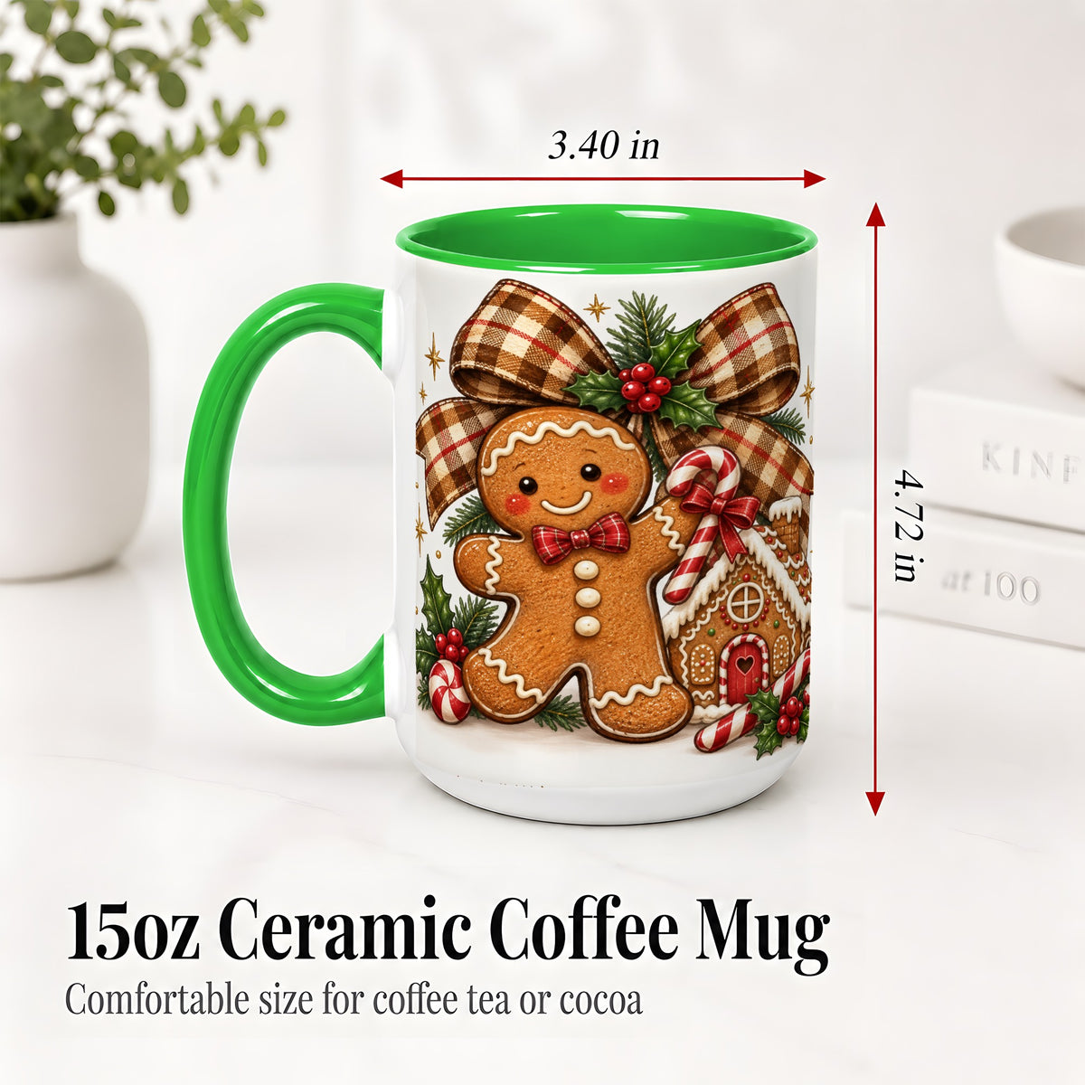 #pl[15oz|Green] Gingerbread Christmas Ceramic Mug, Cookie House Holiday Artwork