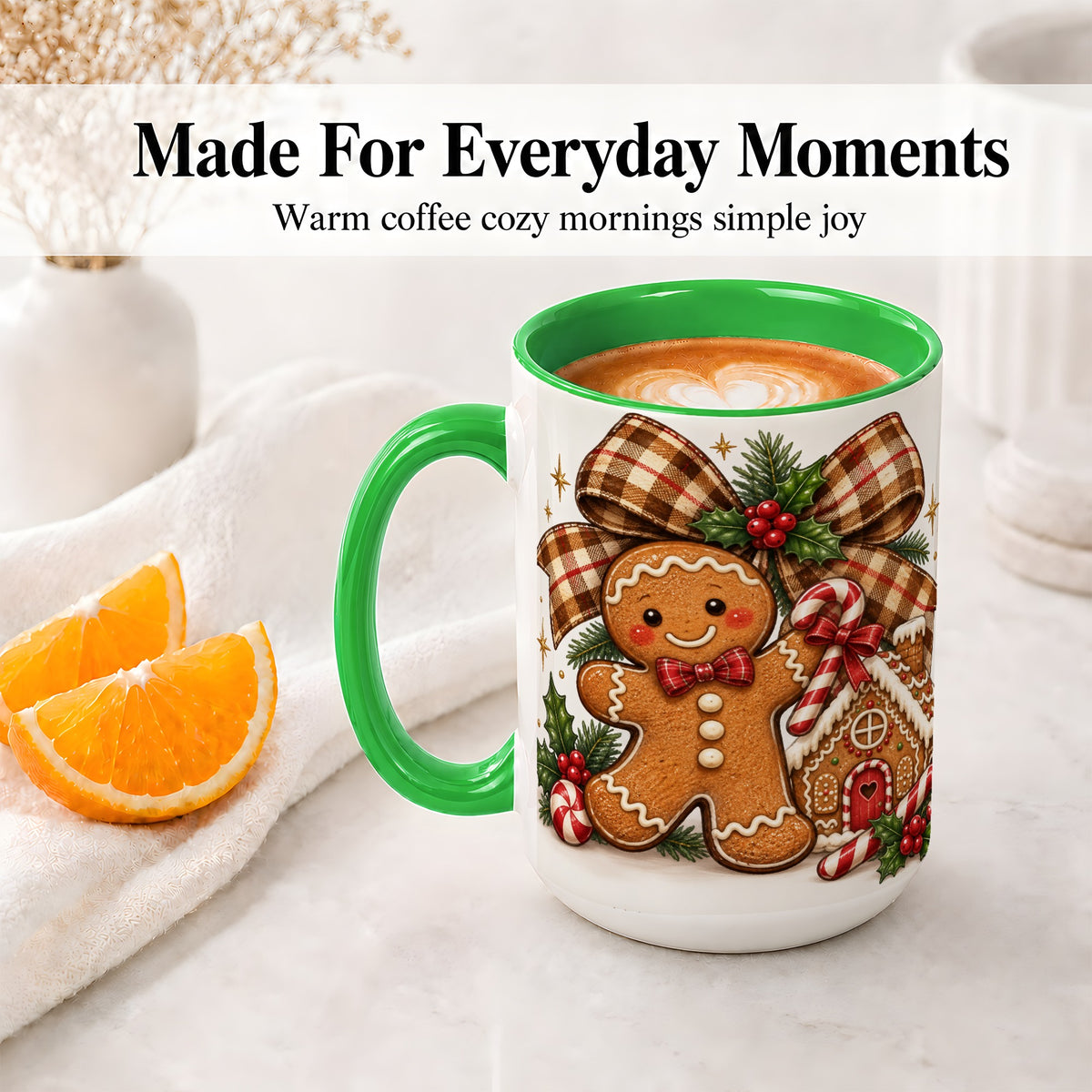 #pl[15oz|Green] Gingerbread Christmas Ceramic Mug, Cookie House Holiday Artwork