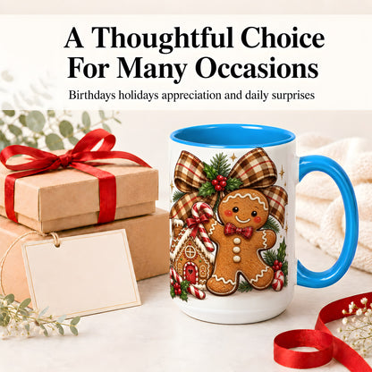#pl[15oz|Blue] Gingerbread Christmas Ceramic Mug, Cookie House Holiday Artwork