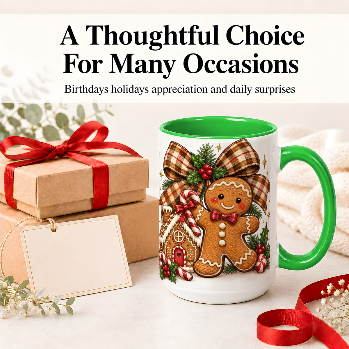 #pl[15oz|Green] Gingerbread Christmas Ceramic Mug, Cookie House Holiday Artwork