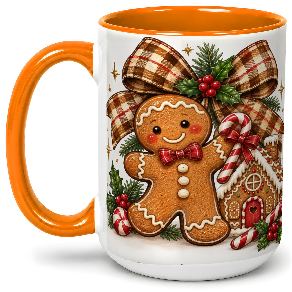 #pl[15oz|Orange] Gingerbread Christmas Ceramic Mug, Cookie House Holiday Artwork