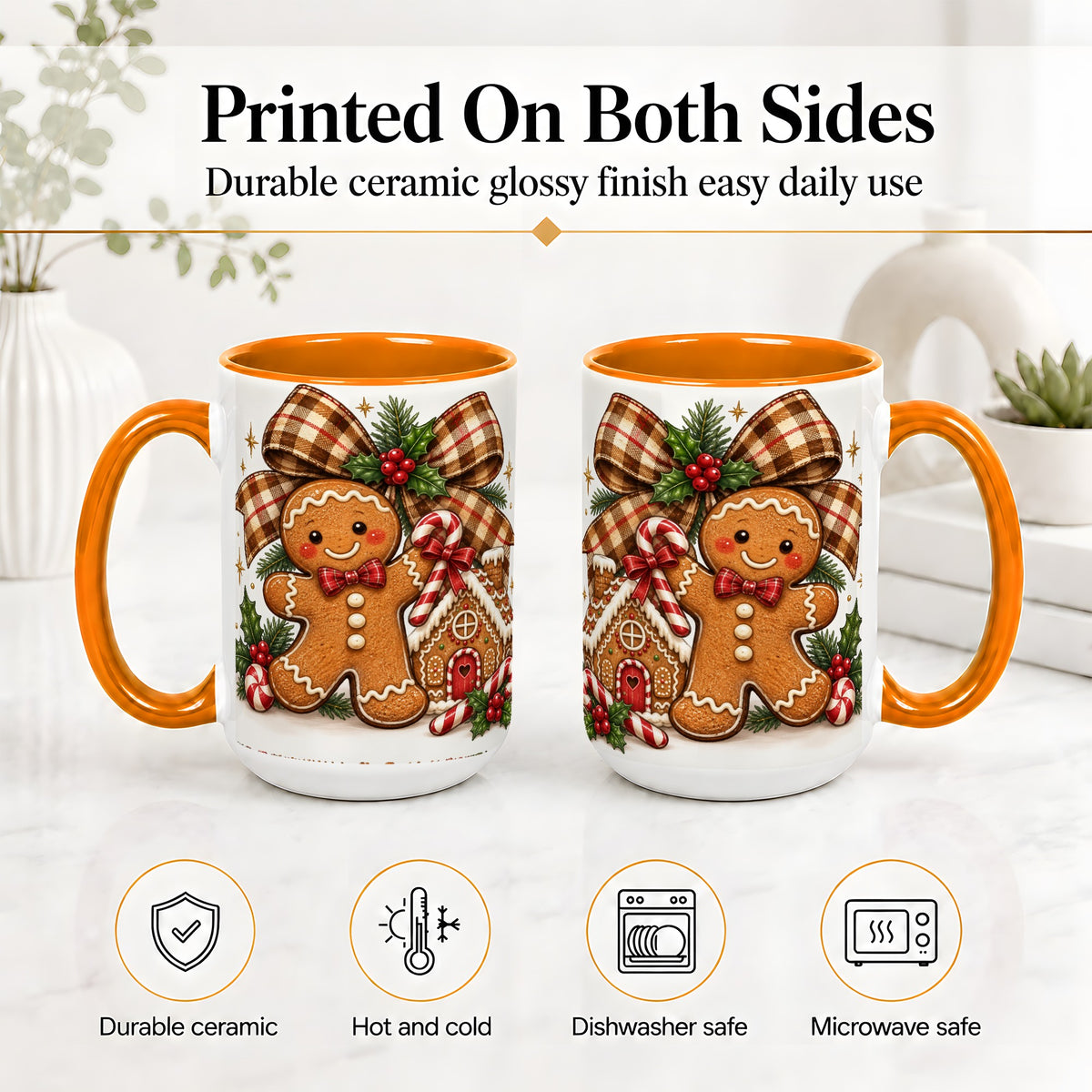 #pl[15oz|Orange] Gingerbread Christmas Ceramic Mug, Cookie House Holiday Artwork