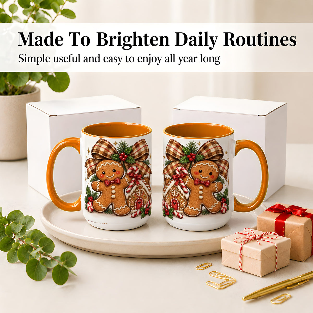 #pl[15oz|Orange] Gingerbread Christmas Ceramic Mug, Cookie House Holiday Artwork