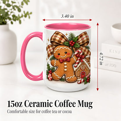 #pl[15oz|Pink] Gingerbread Christmas Ceramic Mug, Cookie House Holiday Artwork