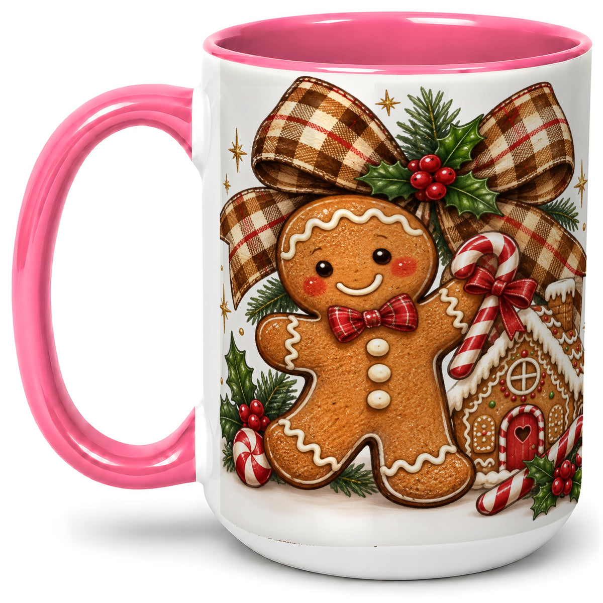 #pl[15oz|Pink] Gingerbread Christmas Ceramic Mug, Cookie House Holiday Artwork