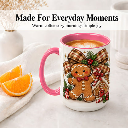 #pl[15oz|Pink] Gingerbread Christmas Ceramic Mug, Cookie House Holiday Artwork