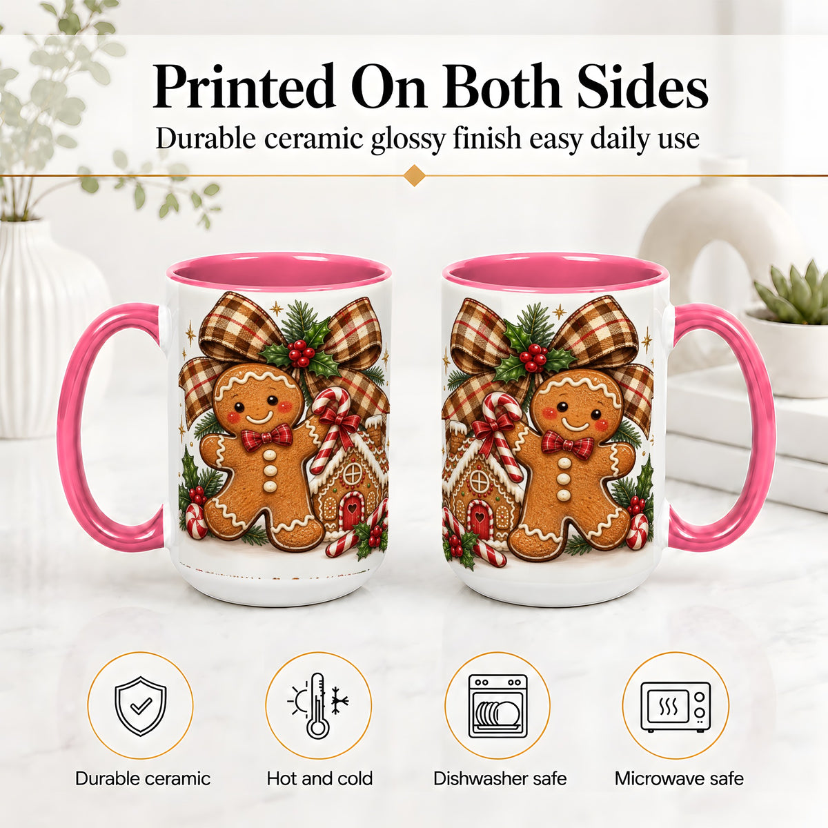 #pl[15oz|Pink] Gingerbread Christmas Ceramic Mug, Cookie House Holiday Artwork