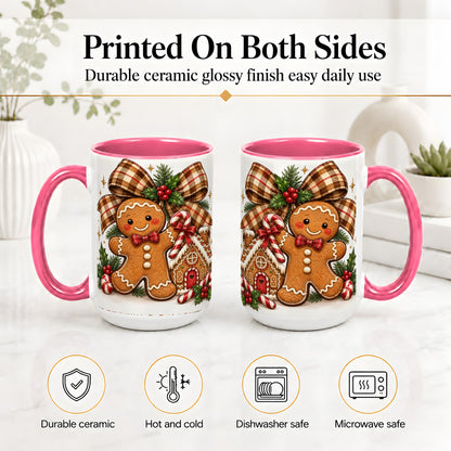 #pl[15oz|Pink] Gingerbread Christmas Ceramic Mug, Cookie House Holiday Artwork