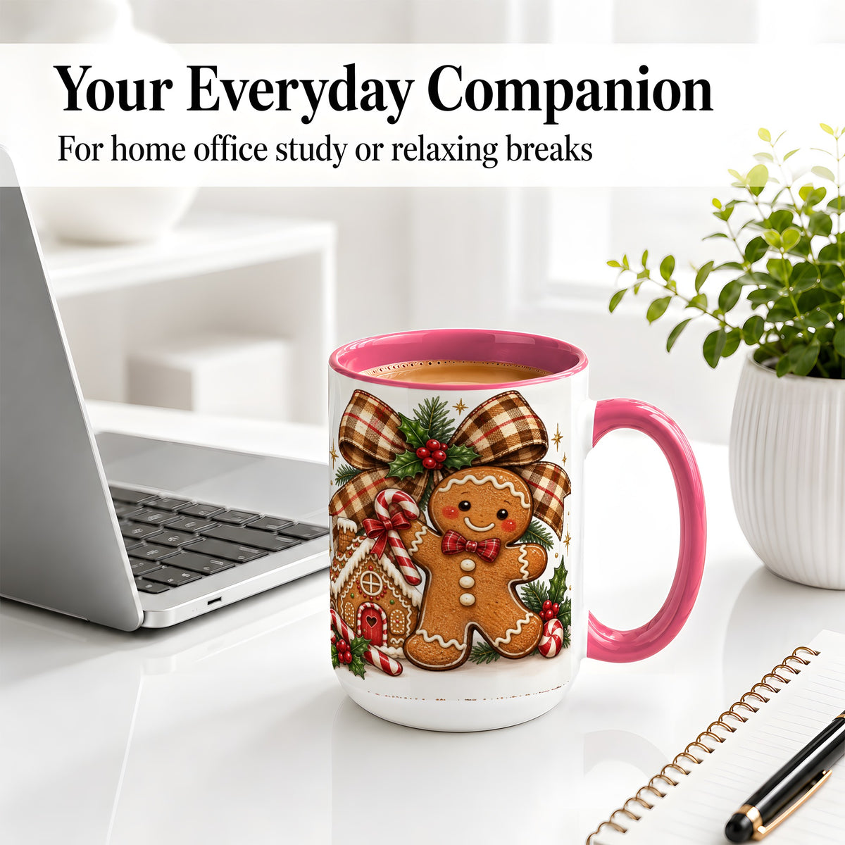 #pl[15oz|Pink] Gingerbread Christmas Ceramic Mug, Cookie House Holiday Artwork