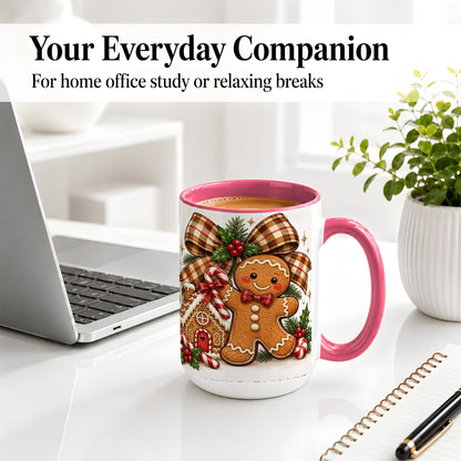 #pl[15oz|Pink] Gingerbread Christmas Ceramic Mug, Cookie House Holiday Artwork