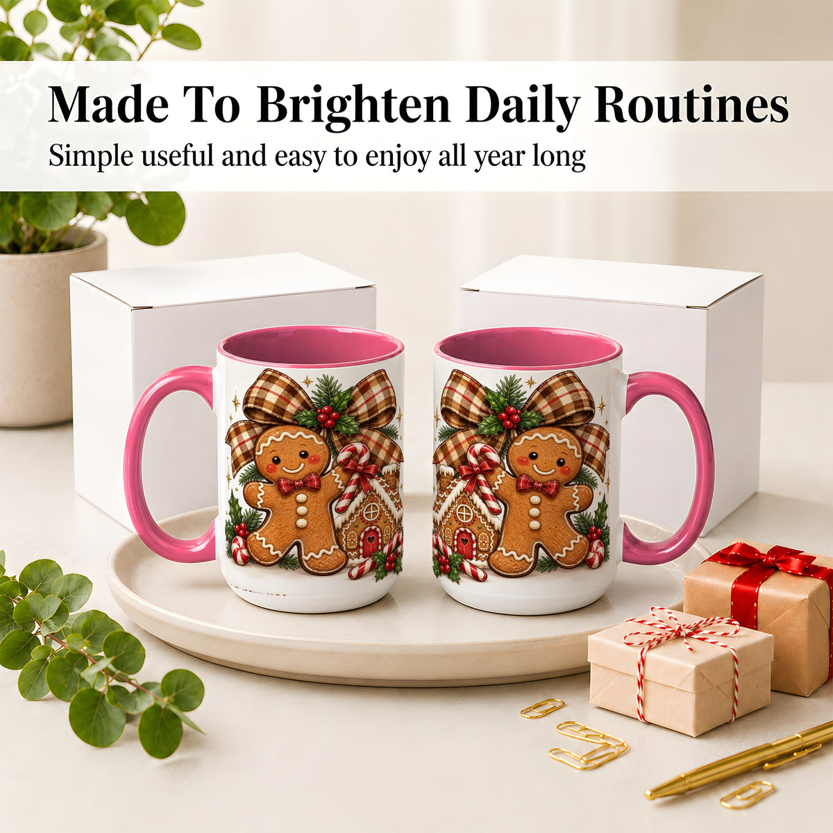 #pl[15oz|Pink] Gingerbread Christmas Ceramic Mug, Cookie House Holiday Artwork