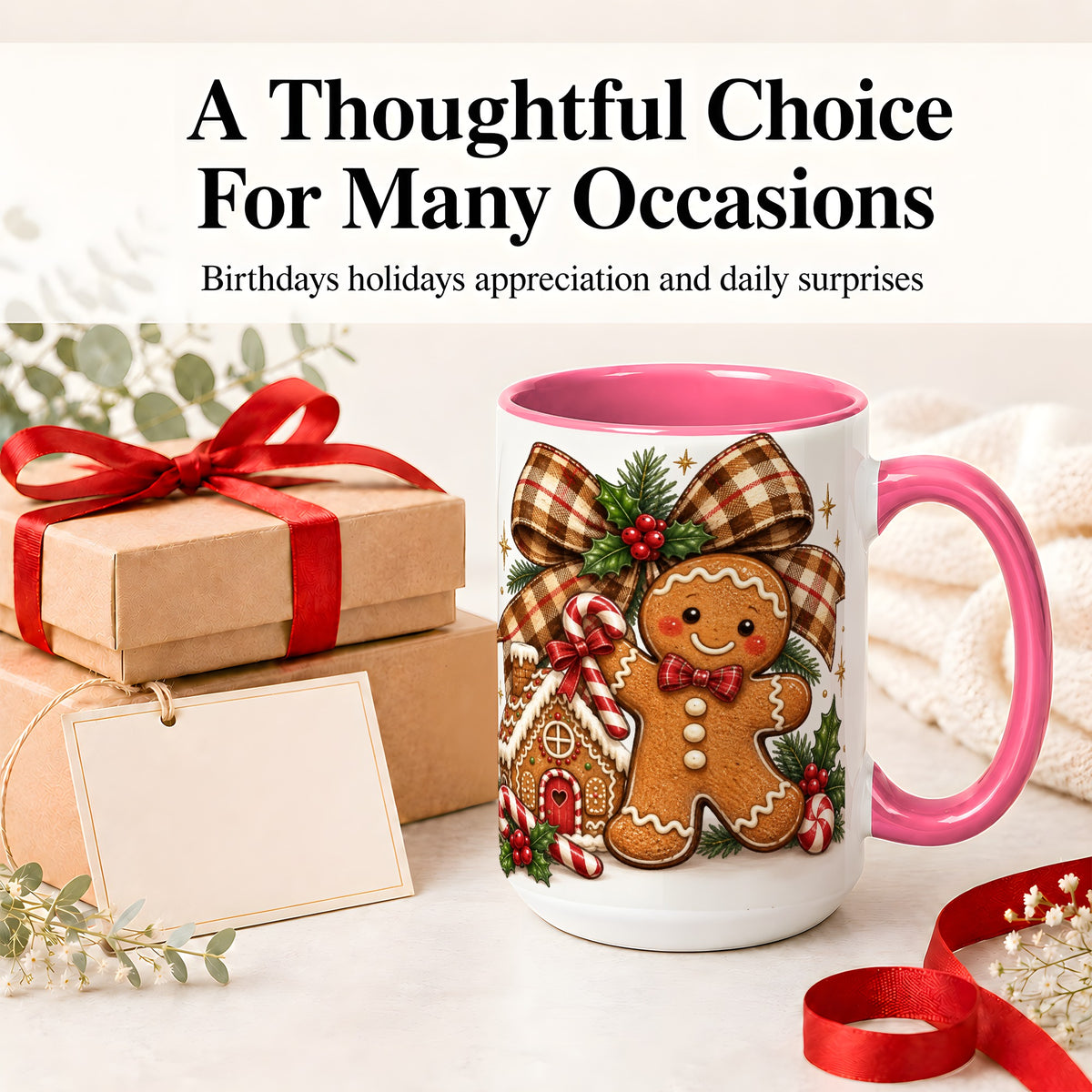#pl[15oz|Pink] Gingerbread Christmas Ceramic Mug, Cookie House Holiday Artwork