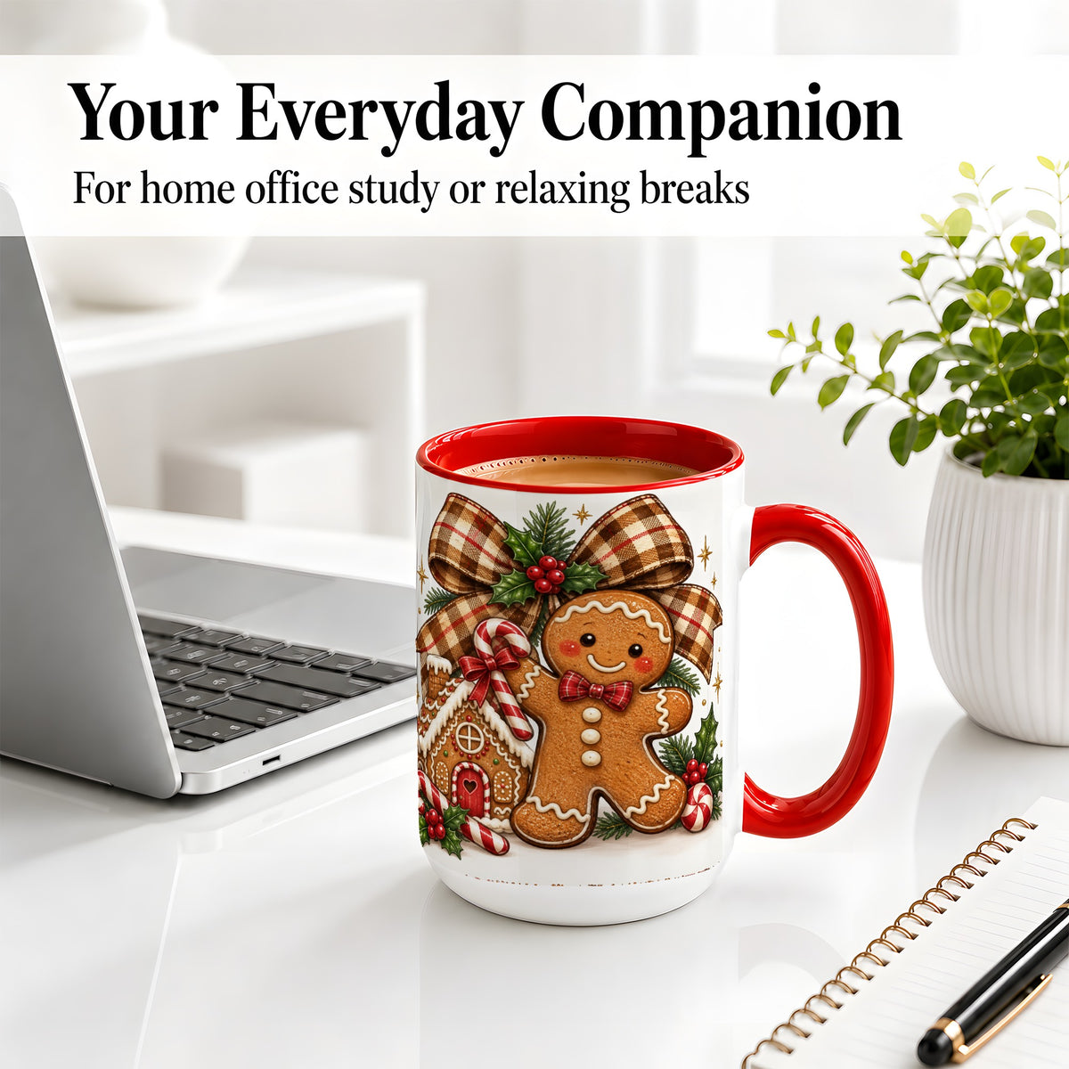 #pl[15oz|Red] Gingerbread Christmas Ceramic Mug, Cookie House Holiday Artwork