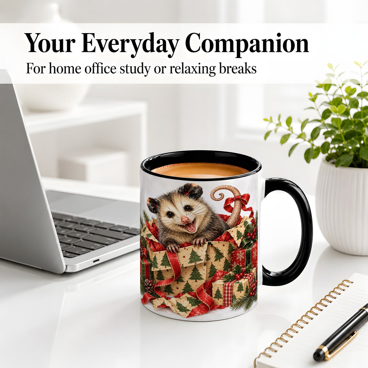 #pl[11oz|Black] Christmas Opossum Ceramic Mug, Festive Gift Box Animal Artwork