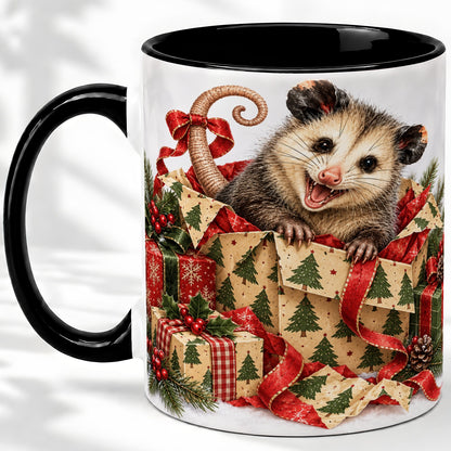 #pl[11oz|Black] Christmas Opossum Ceramic Mug, Festive Gift Box Animal Artwork