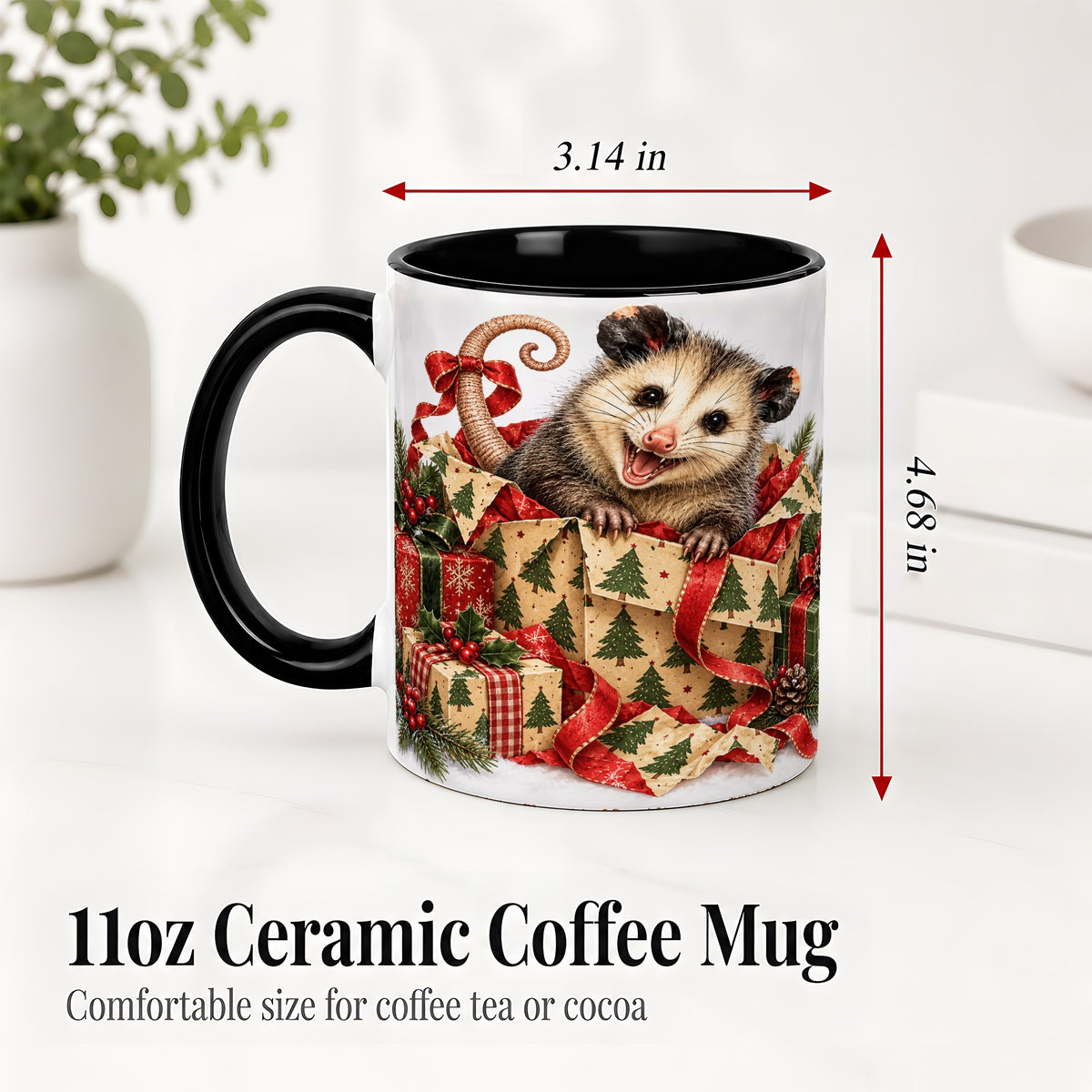 #pl[11oz|Black] Christmas Opossum Ceramic Mug, Festive Gift Box Animal Artwork