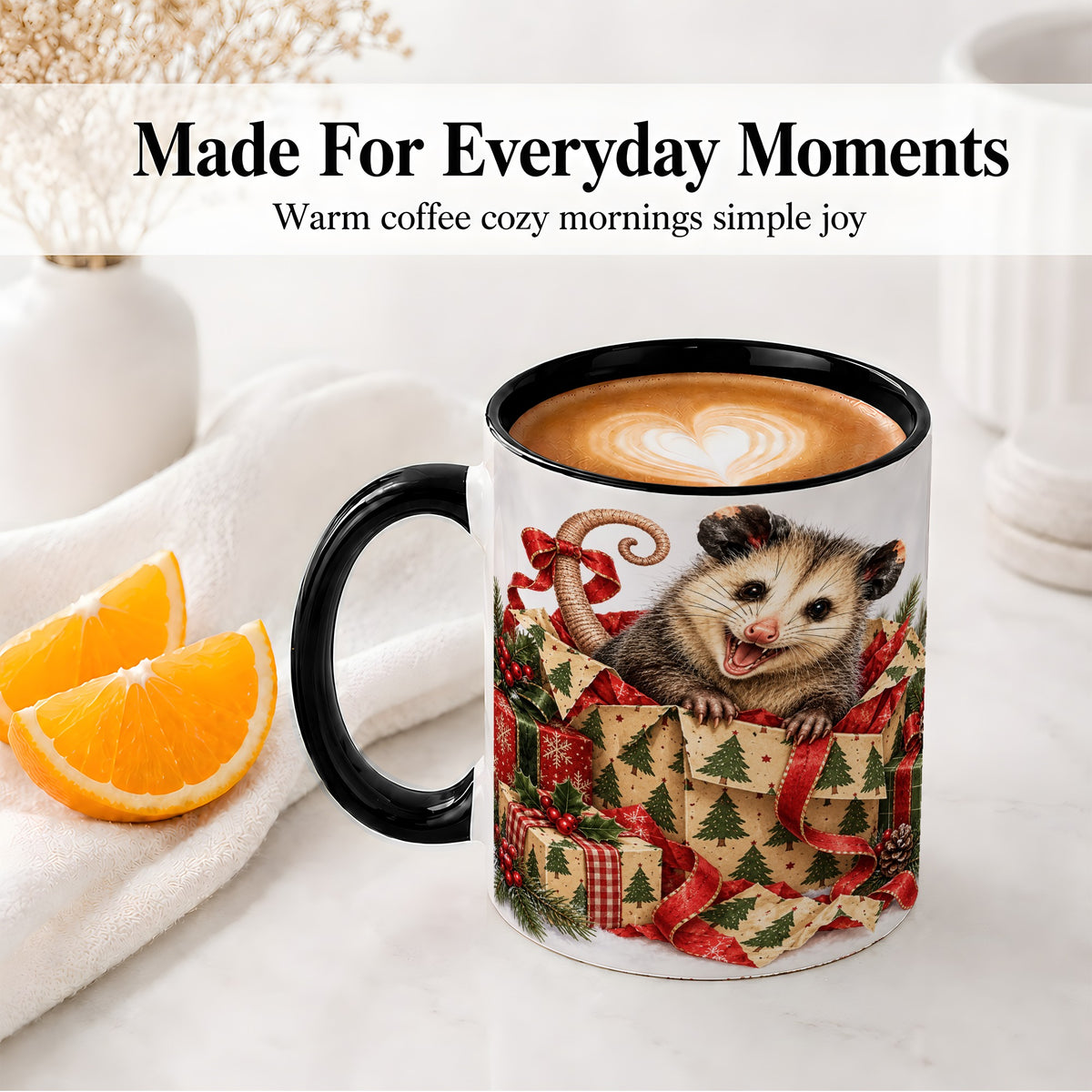 #pl[11oz|Black] Christmas Opossum Ceramic Mug, Festive Gift Box Animal Artwork