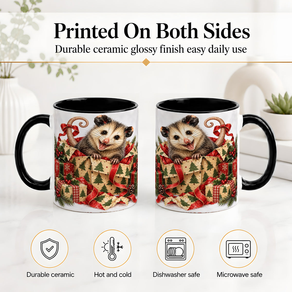 #pl[11oz|Black] Christmas Opossum Ceramic Mug, Festive Gift Box Animal Artwork