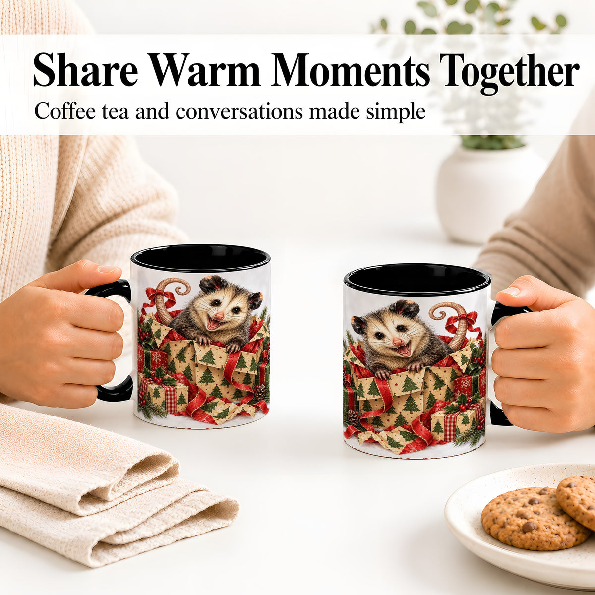 #pl[11oz|Black] Christmas Opossum Ceramic Mug, Festive Gift Box Animal Artwork