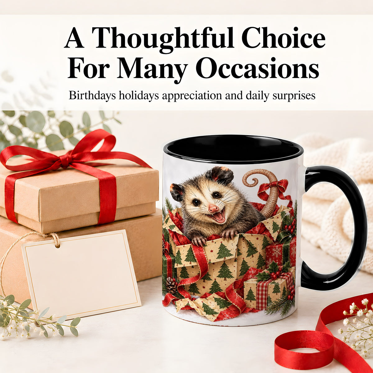 #pl[11oz|Black] Christmas Opossum Ceramic Mug, Festive Gift Box Animal Artwork