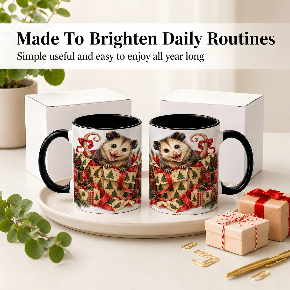 #pl[11oz|Black] Christmas Opossum Ceramic Mug, Festive Gift Box Animal Artwork