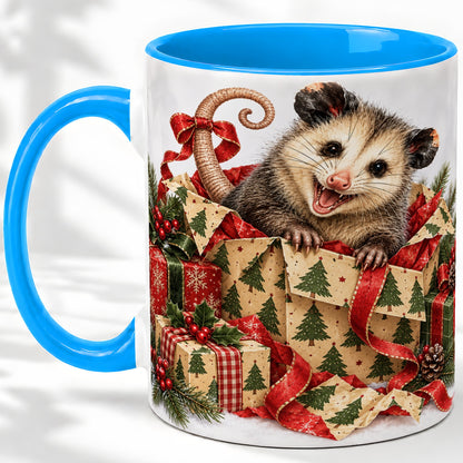 #pl[11oz|Blue] Christmas Opossum Ceramic Mug, Festive Gift Box Animal Artwork