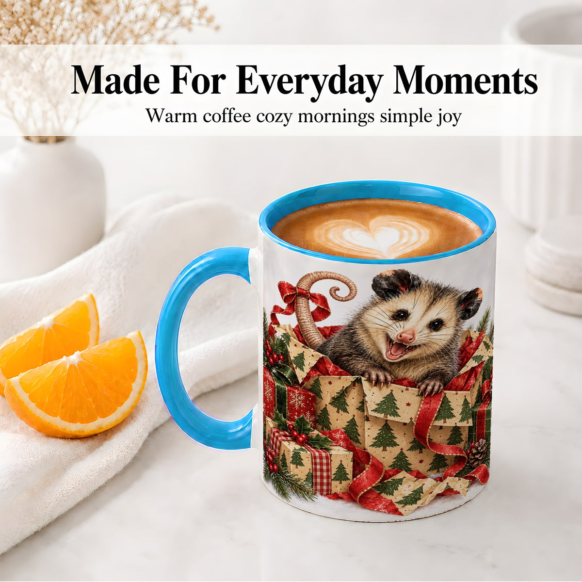 #pl[11oz|Blue] Christmas Opossum Ceramic Mug, Festive Gift Box Animal Artwork