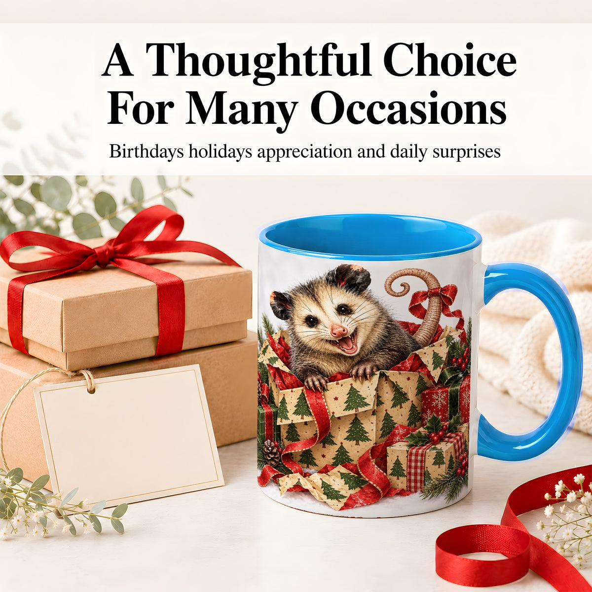 #pl[11oz|Blue] Christmas Opossum Ceramic Mug, Festive Gift Box Animal Artwork