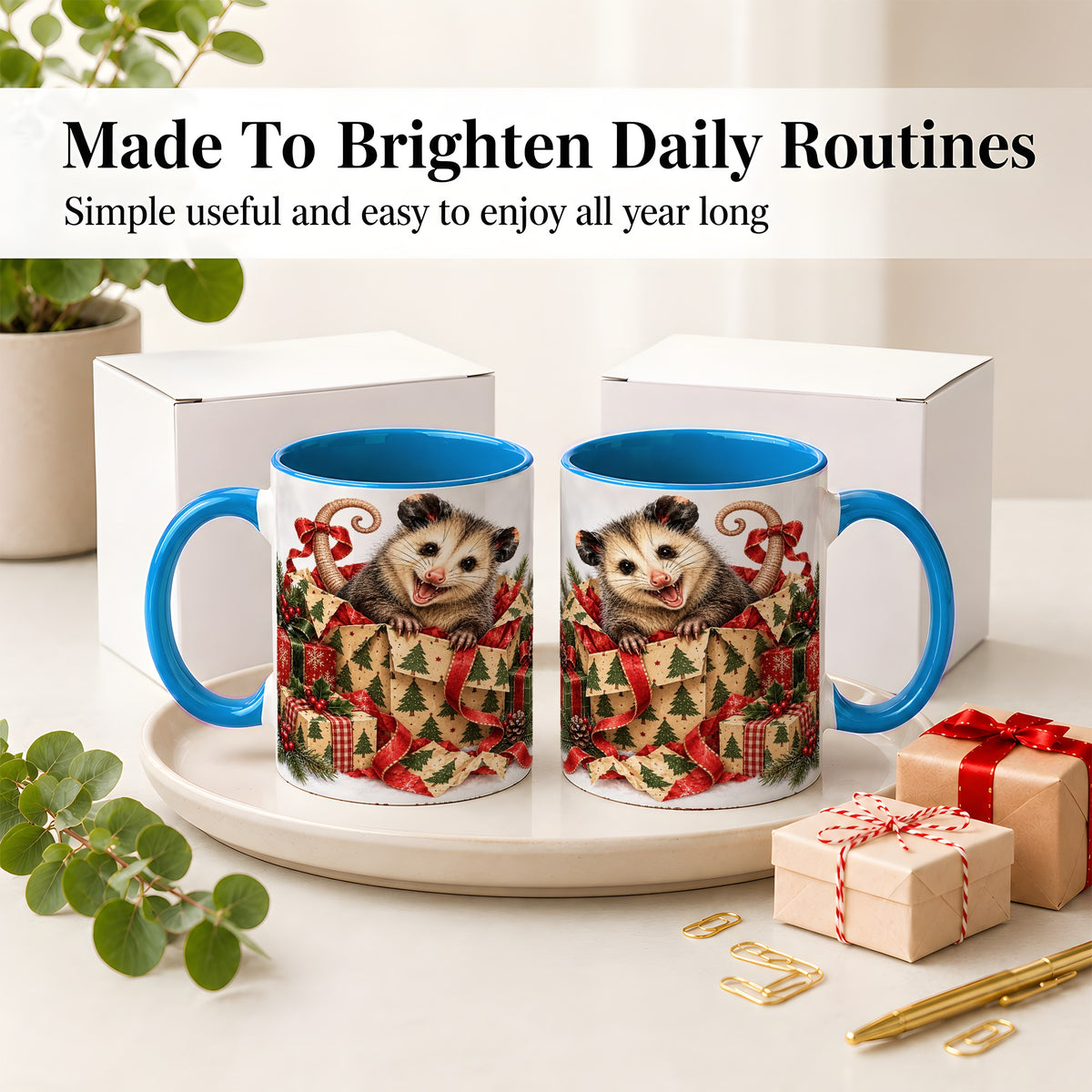 #pl[11oz|Blue] Christmas Opossum Ceramic Mug, Festive Gift Box Animal Artwork