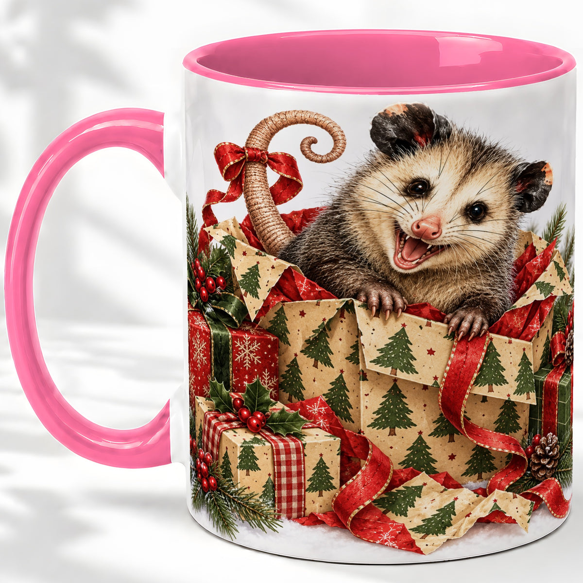 #pl[11oz|Pink] Christmas Opossum Ceramic Mug, Festive Gift Box Animal Artwork