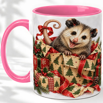 #pl[11oz|Pink] Christmas Opossum Ceramic Mug, Festive Gift Box Animal Artwork
