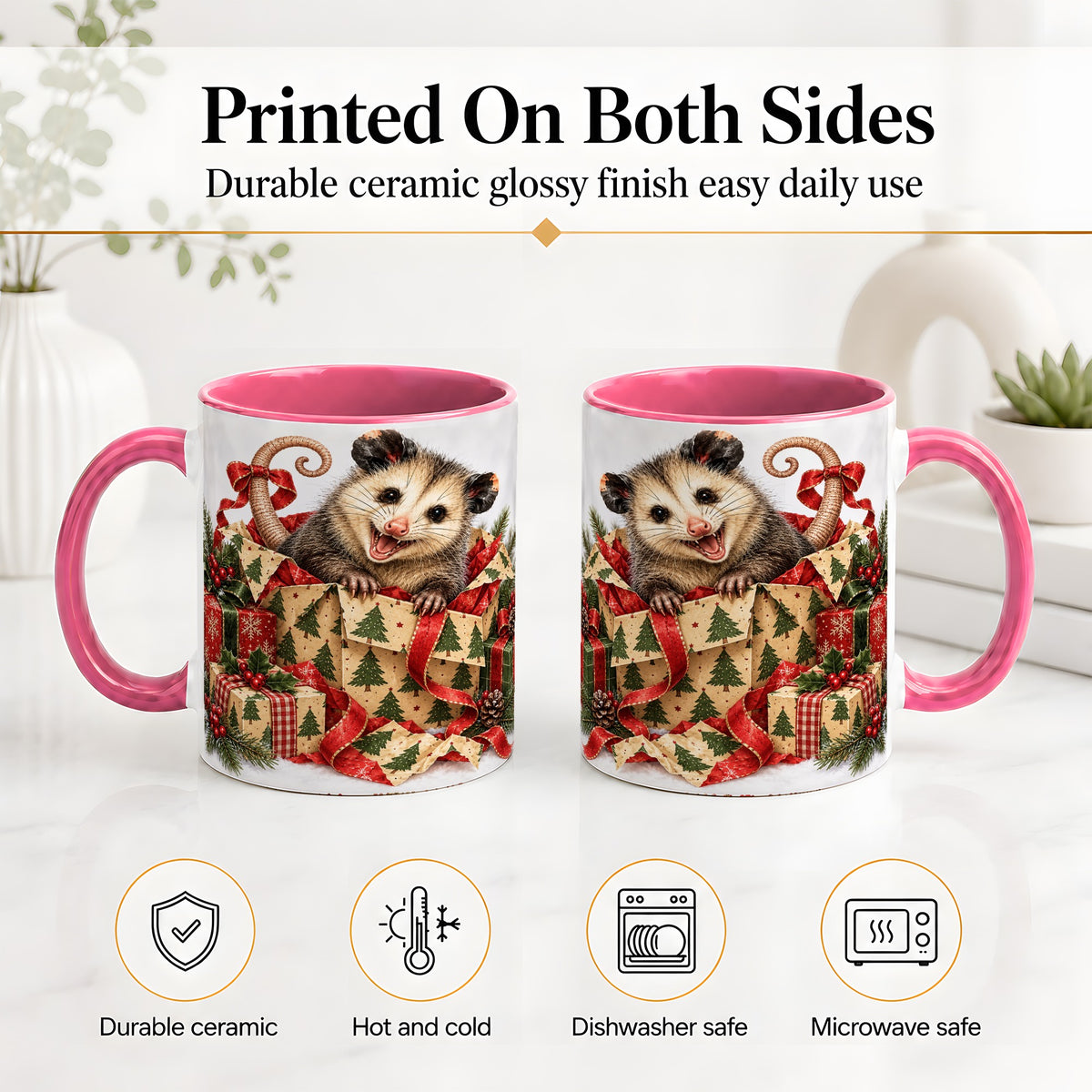 #pl[11oz|Pink] Christmas Opossum Ceramic Mug, Festive Gift Box Animal Artwork