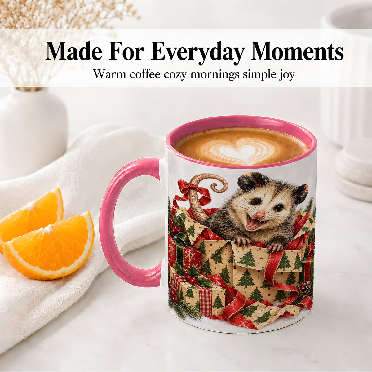 #pl[11oz|Pink] Christmas Opossum Ceramic Mug, Festive Gift Box Animal Artwork