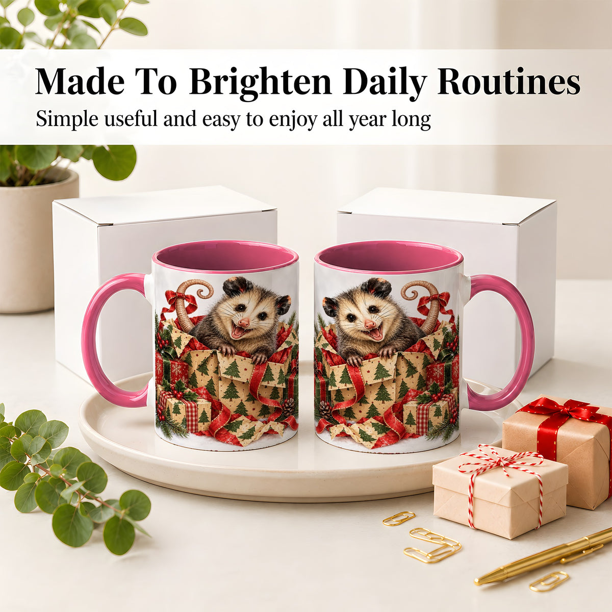#pl[11oz|Pink] Christmas Opossum Ceramic Mug, Festive Gift Box Animal Artwork