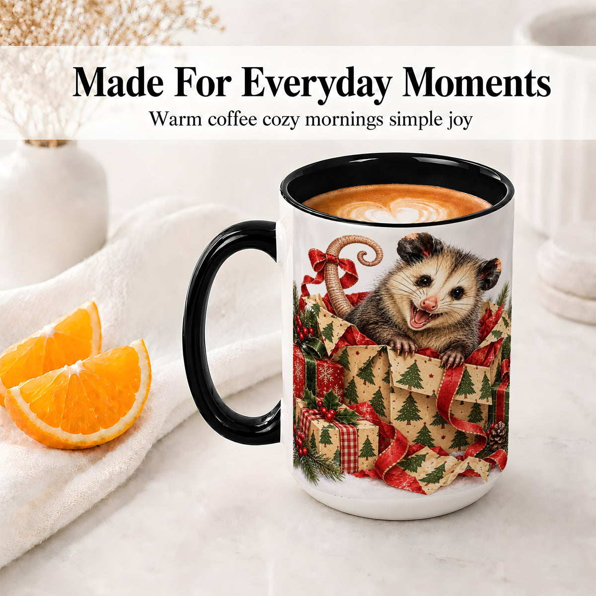 #pl[15oz|Black] Christmas Opossum Ceramic Mug, Festive Gift Box Animal Artwork
