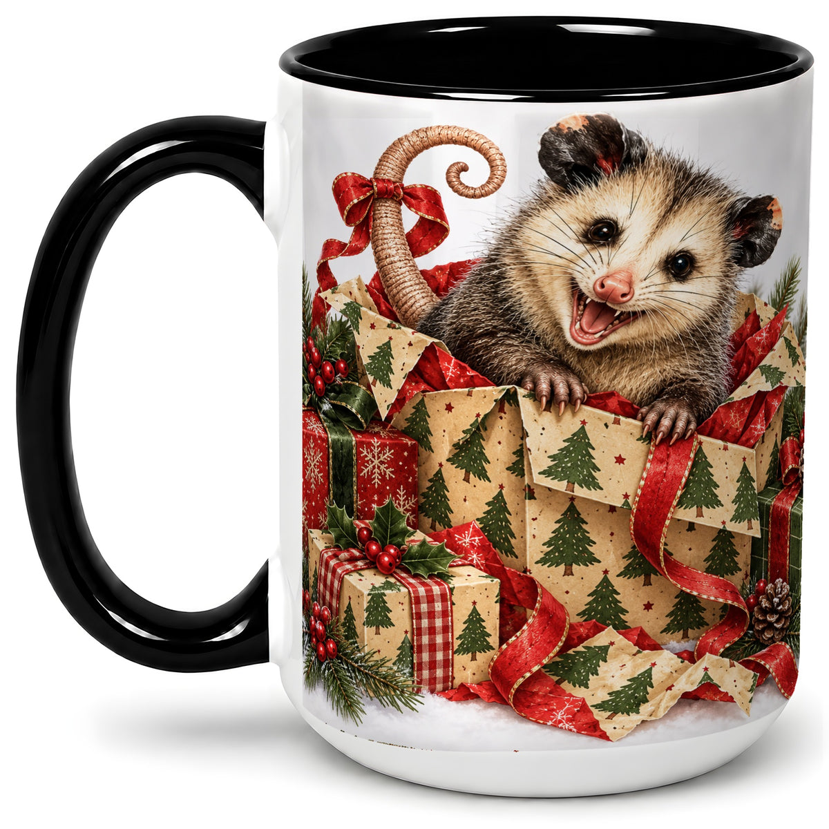 #pl[15oz|Black] Christmas Opossum Ceramic Mug, Festive Gift Box Animal Artwork