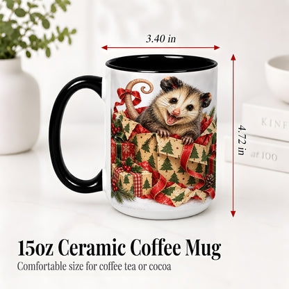 #pl[15oz|Black] Christmas Opossum Ceramic Mug, Festive Gift Box Animal Artwork