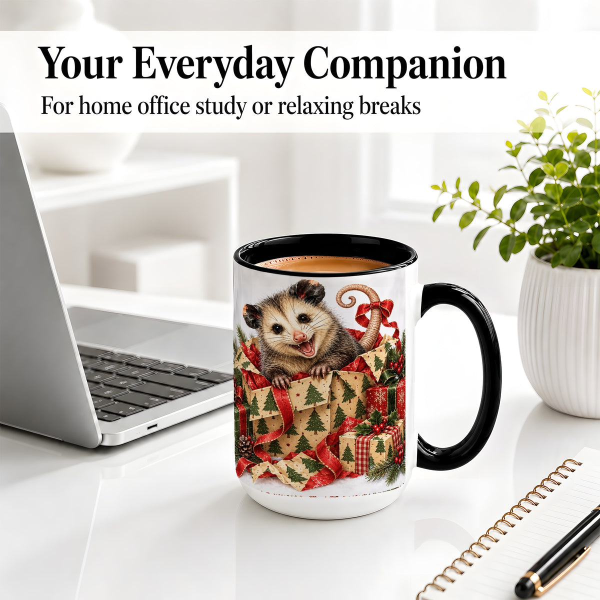 #pl[15oz|Black] Christmas Opossum Ceramic Mug, Festive Gift Box Animal Artwork