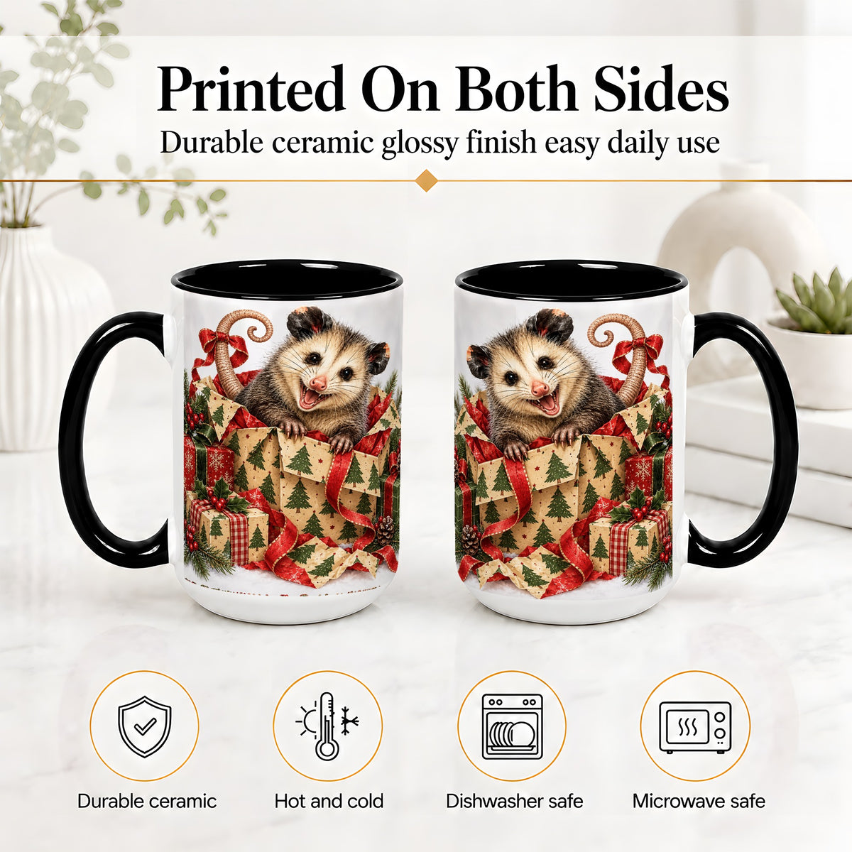 #pl[15oz|Black] Christmas Opossum Ceramic Mug, Festive Gift Box Animal Artwork