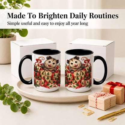 #pl[15oz|Black] Christmas Opossum Ceramic Mug, Festive Gift Box Animal Artwork