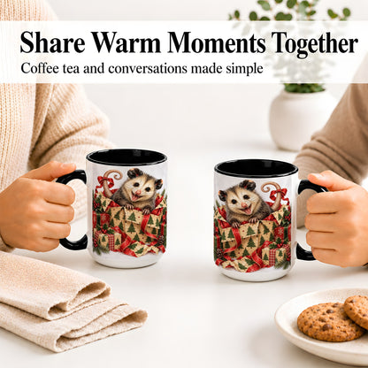 #pl[15oz|Black] Christmas Opossum Ceramic Mug, Festive Gift Box Animal Artwork