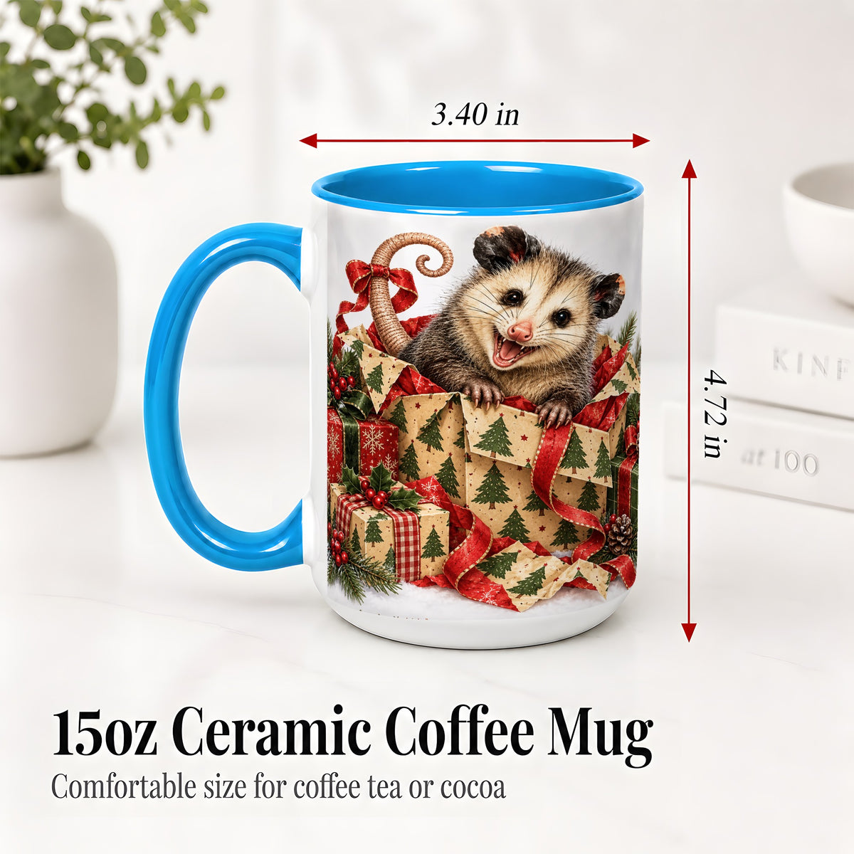 #pl[15oz|Blue] Christmas Opossum Ceramic Mug, Festive Gift Box Animal Artwork
