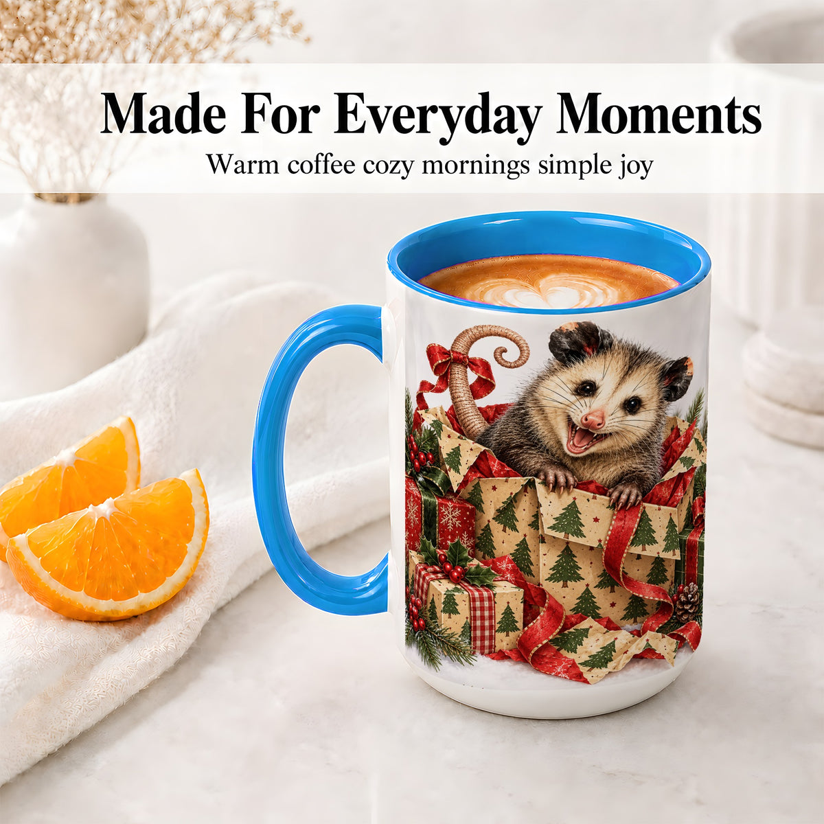 #pl[15oz|Blue] Christmas Opossum Ceramic Mug, Festive Gift Box Animal Artwork