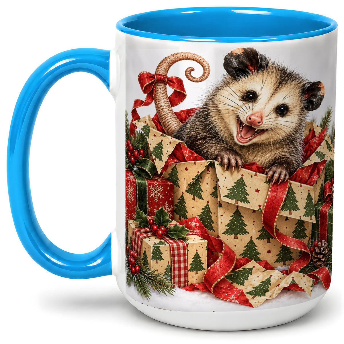 #pl[15oz|Blue] Christmas Opossum Ceramic Mug, Festive Gift Box Animal Artwork