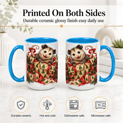 #pl[15oz|Blue] Christmas Opossum Ceramic Mug, Festive Gift Box Animal Artwork