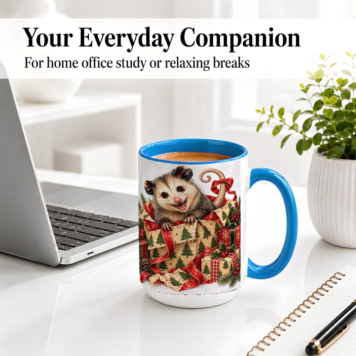 #pl[15oz|Blue] Christmas Opossum Ceramic Mug, Festive Gift Box Animal Artwork