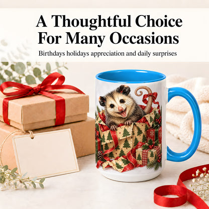 #pl[15oz|Blue] Christmas Opossum Ceramic Mug, Festive Gift Box Animal Artwork
