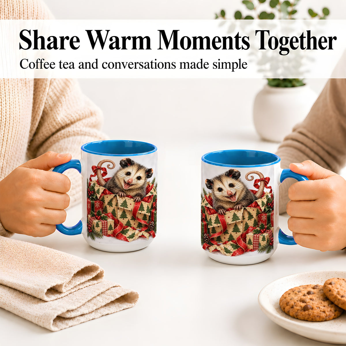 #pl[15oz|Blue] Christmas Opossum Ceramic Mug, Festive Gift Box Animal Artwork