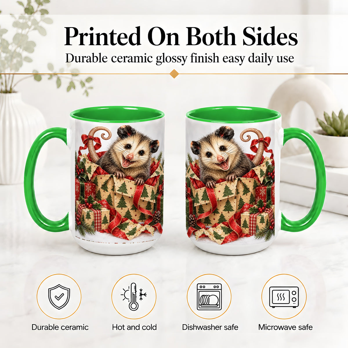 #pl[15oz|Green] Christmas Opossum Ceramic Mug, Festive Gift Box Animal Artwork